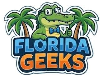 Florida Geeks logo: an alligator in glasses and a bow tie between two palm trees